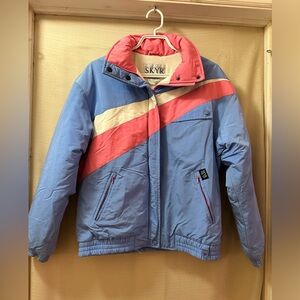 Vintage 90s SKYR Colorblock Ski Jacket Puffy Coat Blue Pink Women 10 Retro